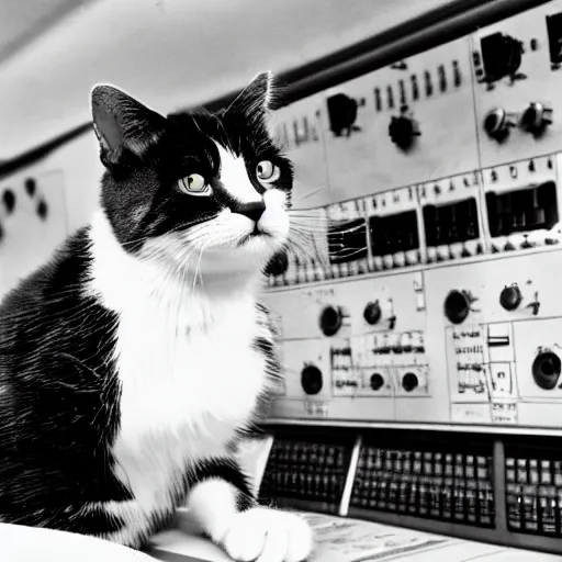 Prompt: scientist cat working at the chernobyl nuclear power plant, cat in lab - coat, black & white photo