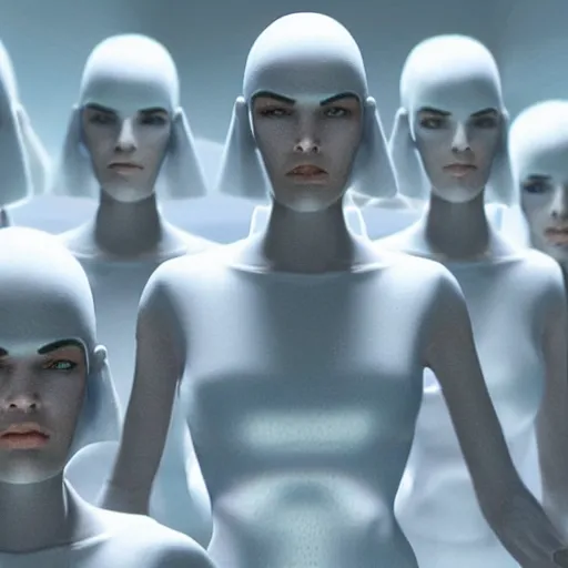 Image similar to troop of cloned ancient women with white bob hairdos, tight light blue neopren suits, futuristic production facility, sci - fi, highly detailed, cinematic