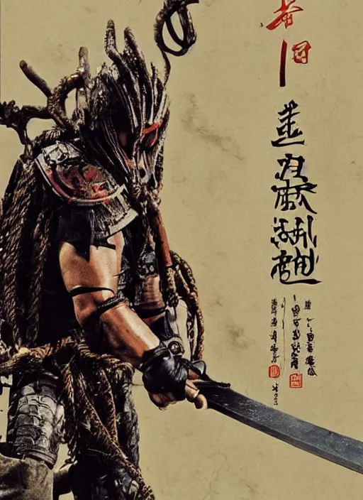 Image similar to movie poster for predator film shot in feudal japan staring hiroyuki sanada as a disgraced ronin who hunts down the predator after he fails to protect his master from it. in the style of al kallis, reynold brown, h. r. geiger.