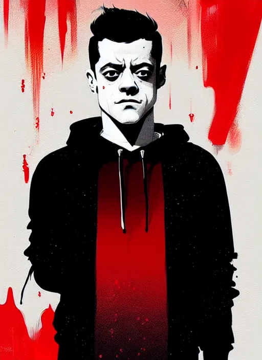 Image similar to highly detailed closeup portrait of rami malek, elliot alderson, black hoody by atey ghailan, by greg rutkowski, by greg tocchini, by james gilleard, by joe fenton, by kaethe butcher, gradient red, black and white color scheme, grunge aesthetic!!! ( ( graffiti tag wall background ) )