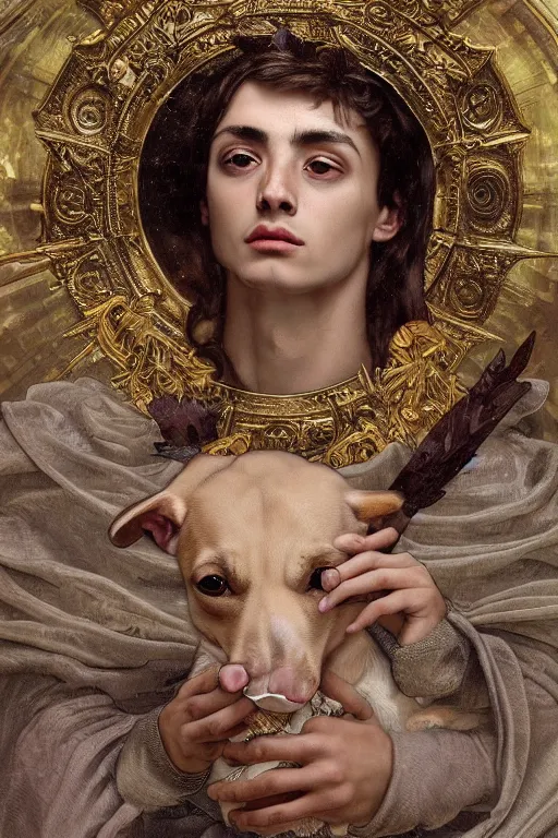 Image similar to God had dog Chihuahua's head, a radiant halo and crown, detailed face, gorgeous, very muscular male body, partial anatomy, stormy background, delicate and intricate borders for decoration, caesar victorious, proud Emperor, character close-up, intricate, highly detailed, 8K, digital painting, fantasy, concept art, sharp focus, art by alphonse mucha