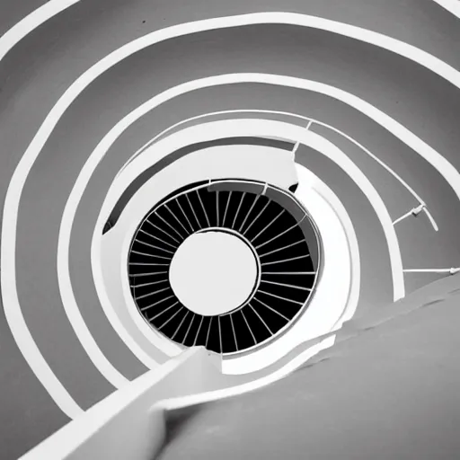 Prompt: minimalist design of a figure falling down a spiral staircase, overhead view, simple shapes, 2 colors