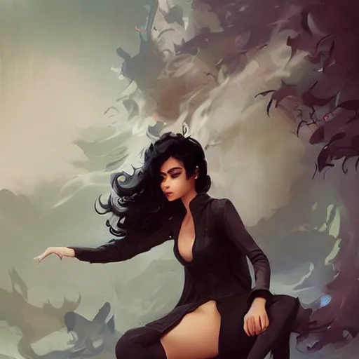 Image similar to Elegant woman with black hair, smoke around her, high detail, concept art background by john harris + andreas rocha, artwork by charlie bowater + artgerm + anato finnstark + ross tran