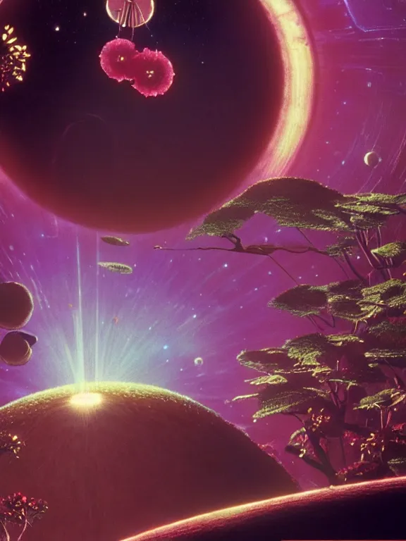 Image similar to still from space odyssey movie, round brown coconut spaceship floating in deep space in full of many orchids flowers, galaxy, nebula, epic, style of moebius, vincent di fate, michael whelan, mucha, volumetric light, mega detailed, unreal engine 5, beautiful composition, beautiful lighting