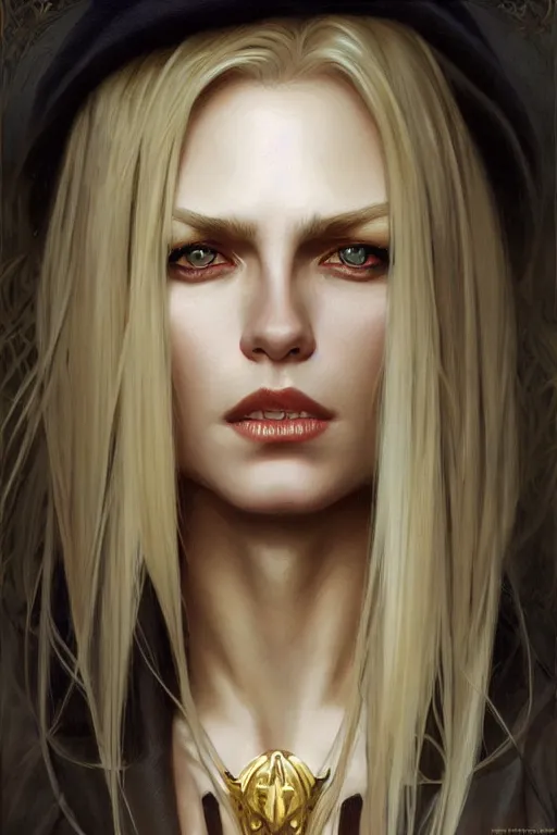 Image similar to portrait of a blonde vampire, dark, piercing eyes, gentle expression, elegant clothing, photorealistic, highly detailed, artstation, smooth, sharp focus, art by michael whelan, artgerm, greg rutkowski and alphonse mucha