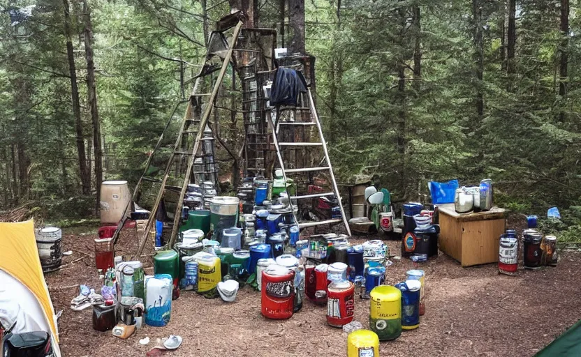 Image similar to a ladder next to a huge pile of beer cans and camping garbage camping tents and forest trees beautiful day