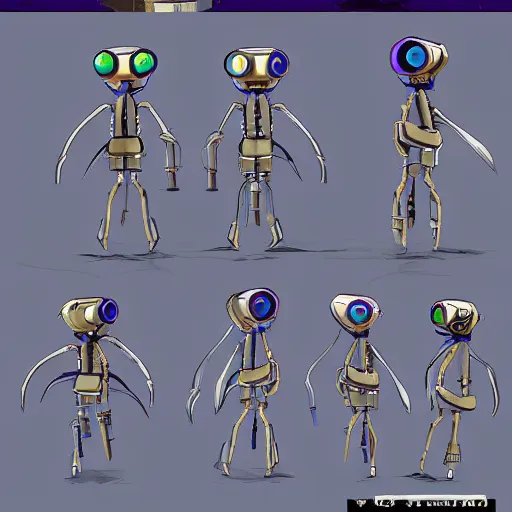 Image similar to character sheets for a friendly tripod vampire squid robot made of broken parts that loves cats and has an led screen face, inspired by splatoon by nintendo, art by tim schafers work on psychonauts 2 from double fine, anime, vhs distortions