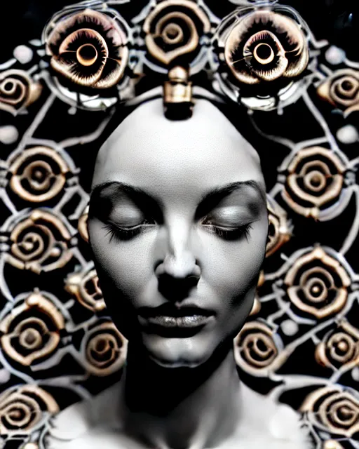 Image similar to mythical dreamy black and white organic bio - mechanical spinal ribbed profile face portrait detail of translucent steampunk beautiful female angelic - human - queen - vegetal - cyborg, highly detailed, intricate crystal ivy jelly ornate, poetic, translucent roses ornate, 3 d render, digital art, octane render, 8 k artistic photography, photo - realistic, by dora maar