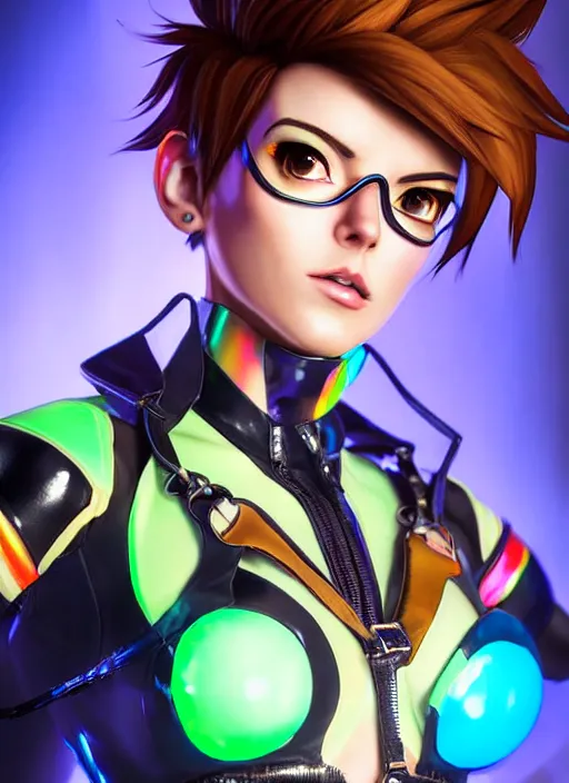 Image similar to portrait bust digital artwork of tracer overwatch, wearing iridescent rainbow latex and leather straps catsuit outfit, expressive face, makeup, in style of mark arian, angel wings, wearing detailed leather collar, chains, black leather harness, detailed face and eyes,