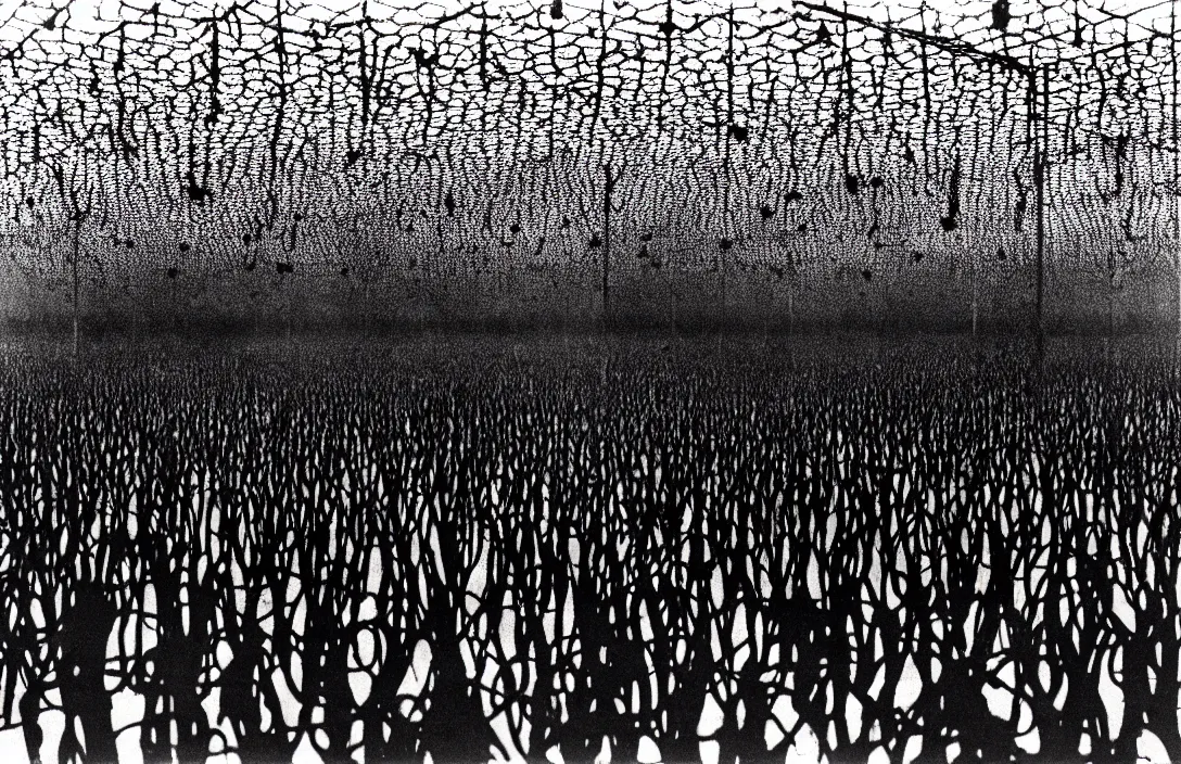 Image similar to concentration camps intact flawless ambrotype from 4 k criterion collection remastered cinematography gory horror film, ominous lighting, evil theme wow photo realistic postprocessing value contrast is used to focus our attention on the subject tragedy yayoi kusama installation