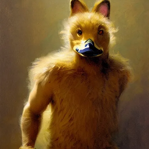 Prompt: a portrait of a furry duck wearing a tshirt and pants, hairy, furry body, furry chest, furry arms, furry legs, tail. highly detailed painting by gaston bussiere, craig mullins, j. c. leyendecker, furry