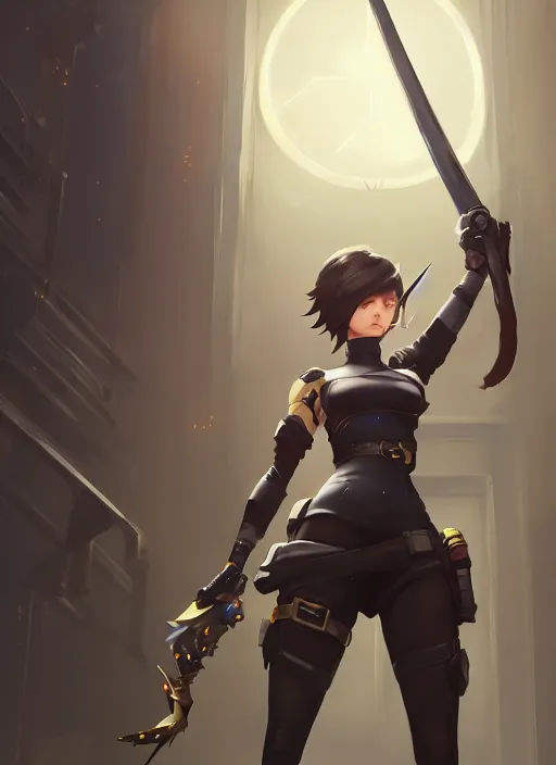 Image similar to highly detailed portrait tracer from overwatch as 2 b nier automata holding a sword, unreal engine, fantasy art by greg rutkowski, loish, rhads, makoto shinkai and lois van baarle, ilya kuvshinov, rossdraws, tom bagshaw, global illumination, radiant light, detailed and intricate environment