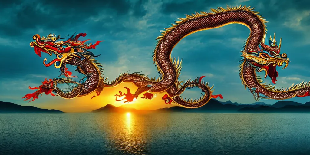 Prompt: fantastic chinese dragon flying over a lake, hd, 4 k, beautiful colors, sunset