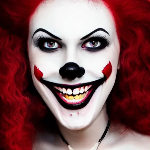 Prompt: A high quality photograph of a smiling goth-clown hybrid with red hair, trending on artstation, cute