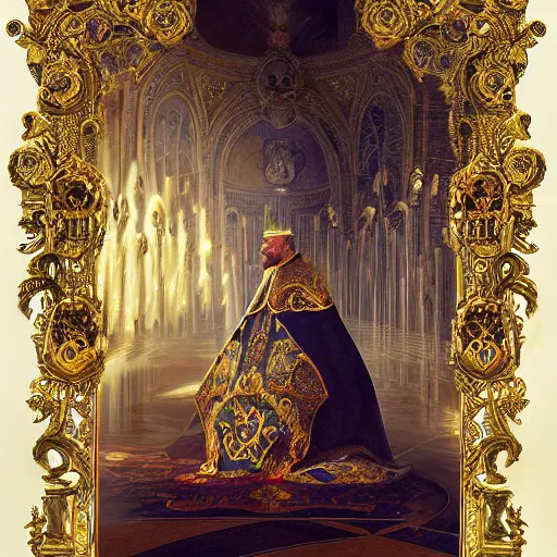 Image similar to kneeling before the pope, royal robe, gold trim, light effect, hyper detailed, intricate, atmospheric, elegant, photorealistic by paul lehr, marco mazzoni, featured on cgsociety, rococo, whimsical, artstation