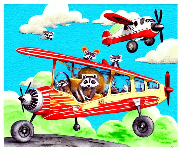 Image similar to cute and funny, racoon riding in a tiny airplane with oversized engines, ratfink style by ed roth, centered award winning watercolor pen illustration, isometric illustration by chihiro iwasaki, edited by range murata, tiny details by artgerm and watercolor girl, symmetrically isometrically centered