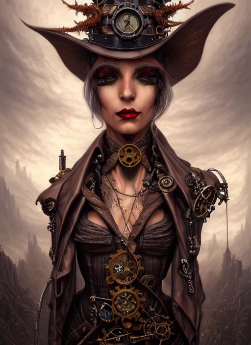 Image similar to portrait shot of steampunk evil elf in a scenic dystopian environment, intricate, elegant, highly detailed, centered, digital painting, artstation, concept art, smooth, sharp focus, illustration, artgerm, tomasz alen kopera, peter mohrbacher, donato giancola, joseph christian leyendecker, wlop, boris vallejo