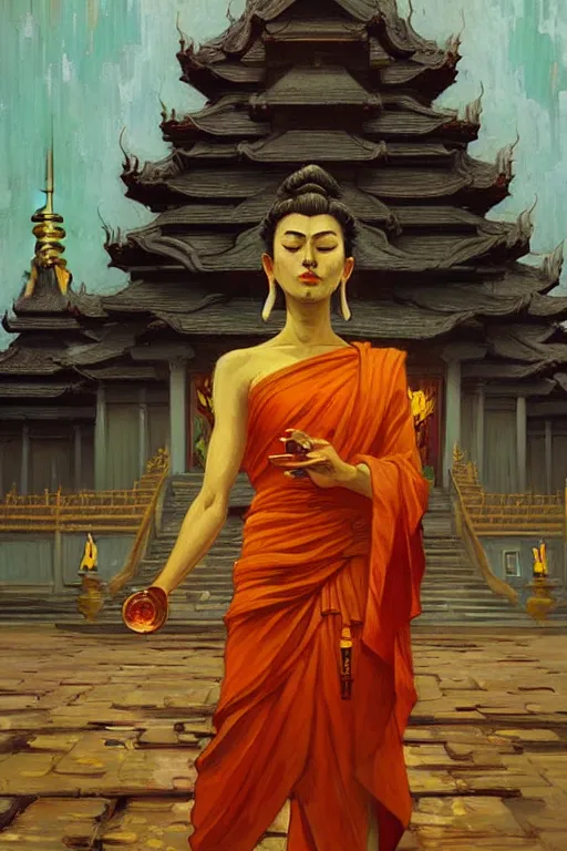 Image similar to temple, buddhism, painting by greg rutkowski, artgerm, vincent van gogh, j. c. leyendecker