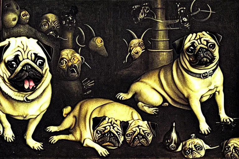 Image similar to a happy pug in a disturbing nightmare, single subject, scenic full shot, ambient lighting, detailed face, by hr giger, by hieronymus bosch