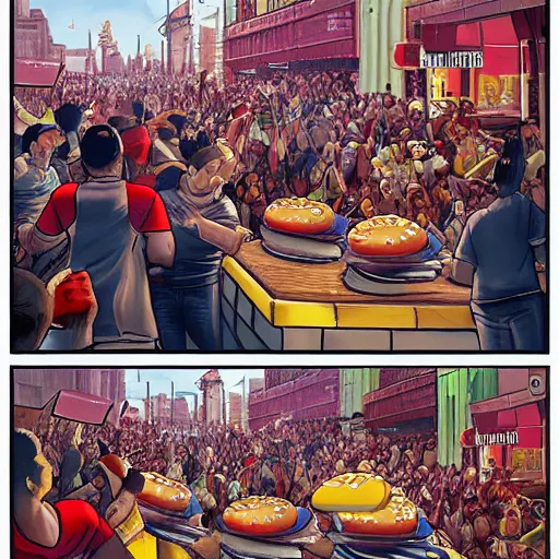 Prompt: people riot for getting macdonalds hamburgers. artstation, art surreal