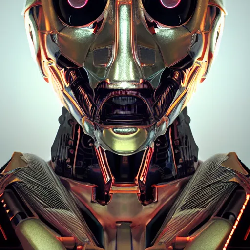 Image similar to centered detailed portrait of a scary robotic robot, realistic character concept, identical eyes, gazing eyes, video game art, fantasy, illustration, slender symmetrical face and body, artstation, cinematic lighting, hyperdetailed, cgsociety, 8 k, octane render, golden ratio, postprocessing