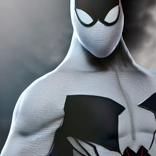 Image similar to white spider - man suit with black web lining, cinematic, volumetric lighting, realistic, hyperdetailed, photorealistic, photograph