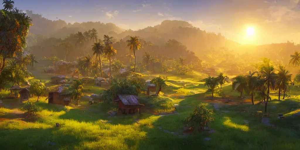 Image similar to Lively sunny landscape of a kerala village realistic detailed digital art by Maxwell Boas Jessica Rossier Christian Dimitrov Anton Fadeev trending on Artstation CGSociety rendered in Unreal Engine 4k HQ