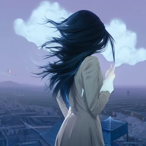 Image similar to low - angle shot from behind of a long blue - haired girl in a tailcoat overlooking noxus, noir, screenshot, sharp focus, intricate, illustration, cell shaded, digital painting, highly detailed, straight hair, art by ilya kuvshinov, wlop, greg rutkowski, studio quality, james jean