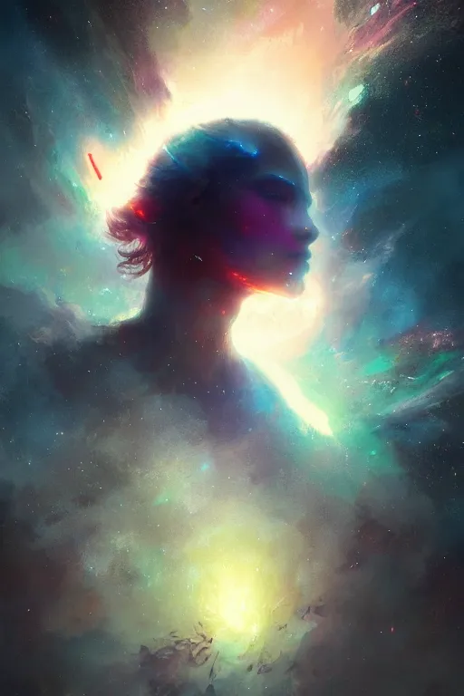 Prompt: face melting into the universe, awe, volumetric lights, nebula, by greg rutkowski, trending on artstation