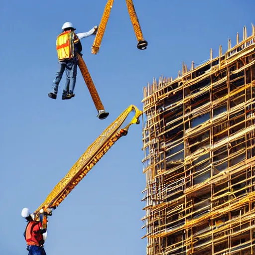 Image similar to two construction workers removing the moon from the sky