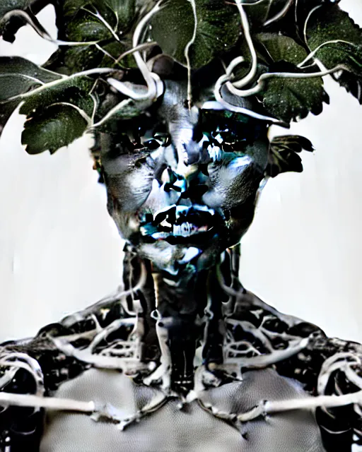 Image similar to black and white cyborg-plant goddess high quality photo, artificial intelligence, bio-mechanical bio-luminescence, tree, ivy, neurons, nerve cells, octane render, cinematic, rim light, hyper realism, photo-realistic, high detail, 8k, in the style of Steven Meisel and Dora Maar and H.G. Giger