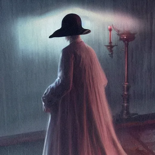 Image similar to Elle Fanning in Bloodborne in the world of Edward Hopper, stormy weather, extremely detailed masterpiece, oil on canvas, low-key neon lighting, artstation, Blade Runner 2049, Roger Deakin’s cinematography, by J. C. Leyendecker and Peter Paul Rubens,