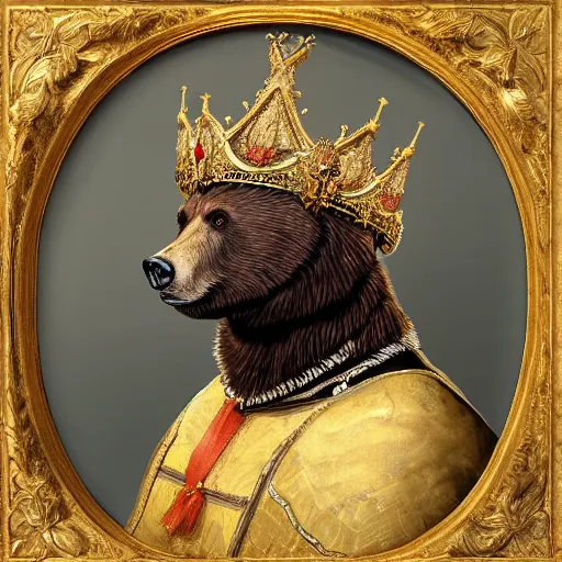 Image similar to “ an oil painting portrait of a bear wearing medieval royal robe and an ornate crown on a dark background ” digital art, concept art, highly detailed, 3 - d 4 k, trending on art station, award winning, mark brooks,