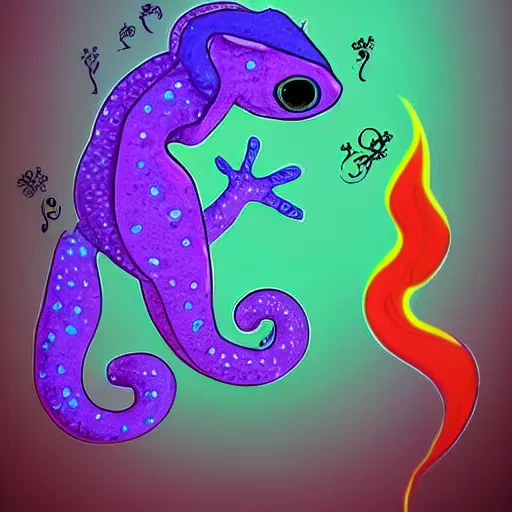 Image similar to cute salamander, fire om back, pet, mythical creature, digital art