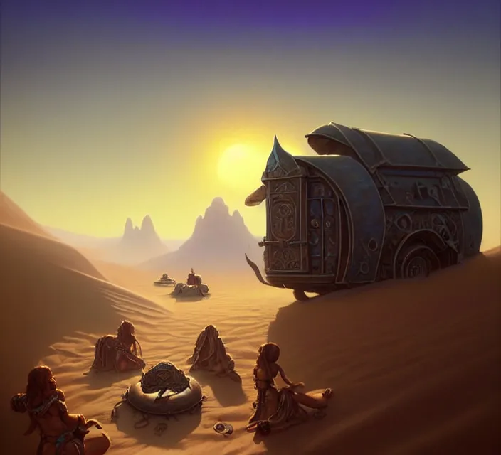 Image similar to subsurface scattering, a desert caravan rests at an azure watery oasis, the art of athas and dark sun, brom's dark sun art on a 7 0's style fantasy novel cover, digital painting by brom, amazingly detailed d & d art, concept art, intricate details, beautiful, volumetric lighting, ultrarealistic, cgsociety, artstation