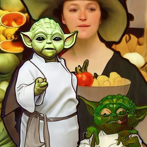 Prompt: baby yoda as a chef wearing a white apron and wearing a white chef's hat with vegetables, by Jan van Eyck, by alphonse mucha, by Noah Bradley, by Dr. Suess