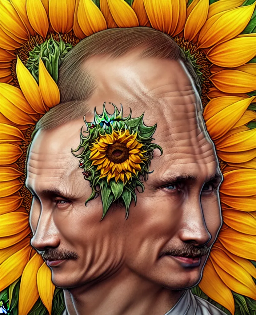 Image similar to digital art, centered full body of Putin smiling king, Sunflower crown, ,intricate, veins, by James Jean and by artgerm , by ross tran ultradetailed, charachter design, concept art, trending on artstation,