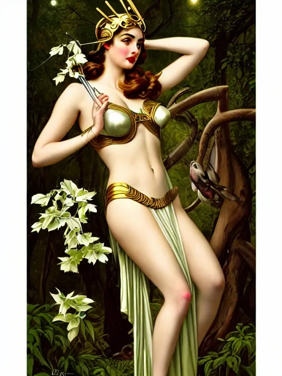 Image similar to Ana de armas as Artemis the Greek goddess of the hunt, a beautiful art nouveau portrait by Gil elvgren, Moonlit forest environment, centered composition, defined features, golden ratio, silver jewelry