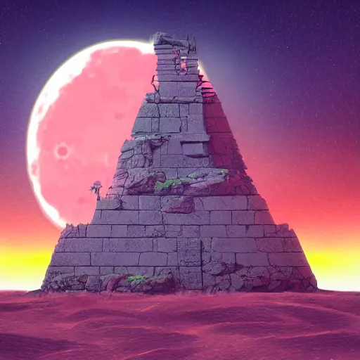 Image similar to ancient tower in the moon, retrowave epic art, trending on art station