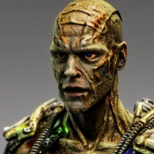 Prompt: photo taken of an epic intricate, ultra detailed, super realistic gritty, wet, lifelike sculpture of an cyberpunk ninja with neon veins created by weta workshop, zoomed in shots, subsurface scattering, photorealistic, sharp focus, white wall coloured workshop, cold colour temperature, f 0. 4, face centred, golden ratio,