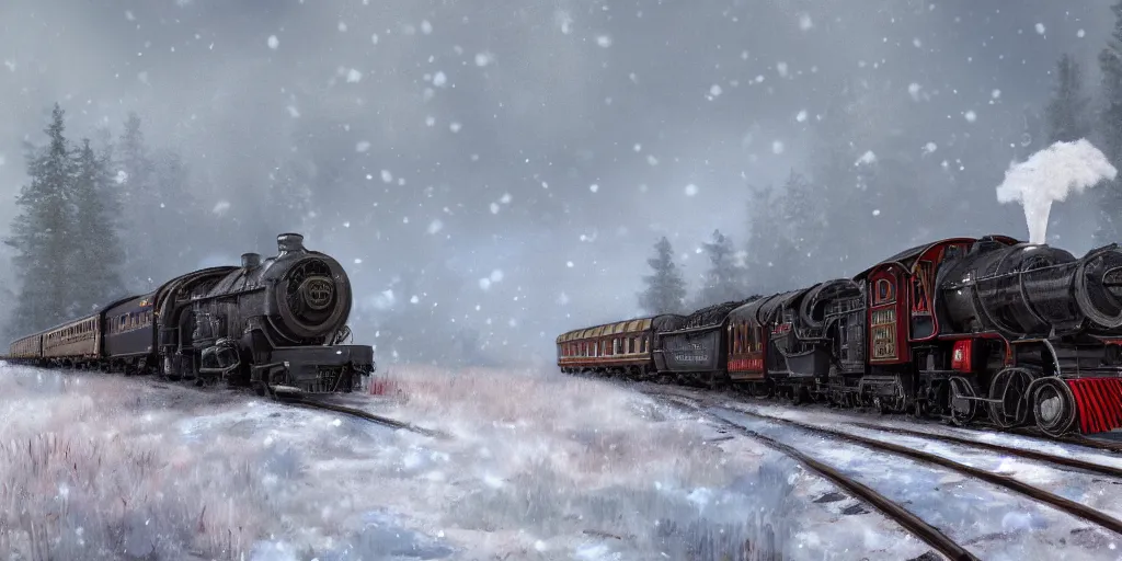 Image similar to ultra detailed and realistic painting of a heavy steam train in the snow under a blizzard, realistic style, inspired by very beautiful cute and colored disney movie backgrounds, bloom, high details, rendered in 8 k unreal engine