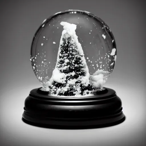 Prompt: picture of a snow globe, inside the snow globe is a small town. Background is pure black. Snow globe is on a gray desk. Studio lighting
