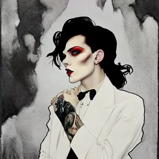 Image similar to pleasing portrait of androgynous ruby rose as desire from sandman in a white tuxedo!!!, rockabilly style,, by alphonse mucha, by jeremy mann, by peter lindbergh, dave mckean, by frank moth, white suit and black tie, soft lightning, high detailed, 8 k