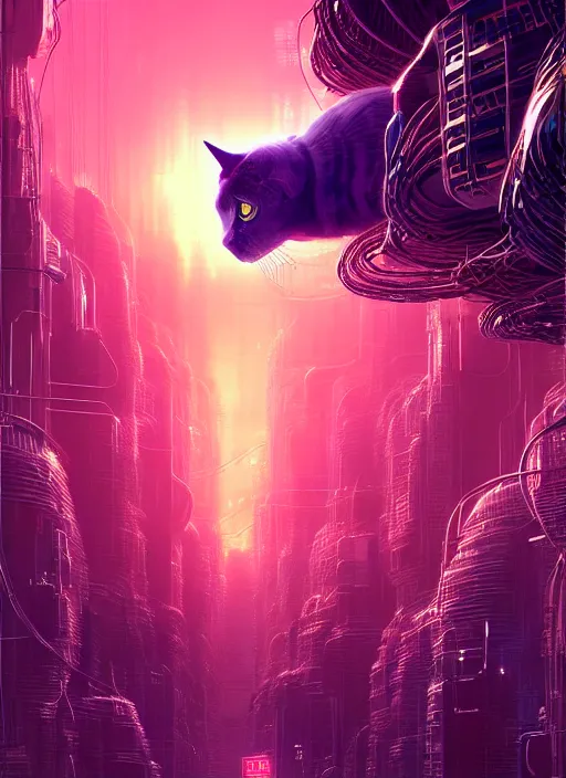 Image similar to cats cyborg inside an scifi tentacles wires futuristic city, beautiful neon cats, cinematic, highly detailed, photorealistic, rich bright colors, trending on artstation, giger, tsutomu nihei, trending on cgsociety, awe inspiring bruce pennington cityscape, digital art painting of 1 9 6 0 s