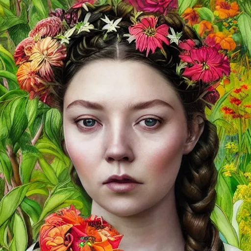 Image similar to margaery tyrell, exterior botanical garden, portrait face, colorful, frantisek kupka, intricate, miles johnston, kuroda seiki, cynical realism, ozabu, john william godward, painterly, yoshitaka amano, moebius, miles johnston, louise zhang, james jean, mark ryden lowbrow pop surrealism art style