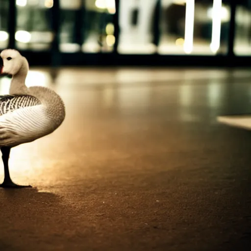 Prompt: a goose on a floor lit club, phtotorealistic, 35MM lens