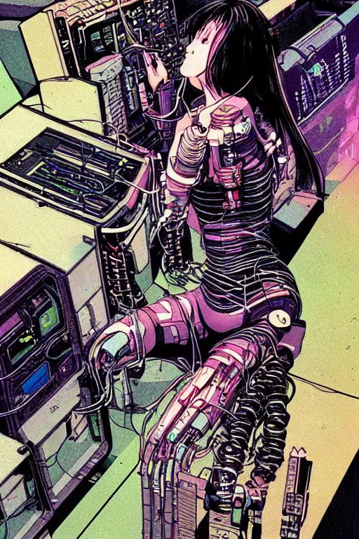 Prompt: a perfect cyberpunk illustration of a female android seated on the floor in a tech labor, seen from the side with her body open showing cables and wires coming out, by masamune shirow and katsuhiro otomo, japan, 1980s, dark, colorful