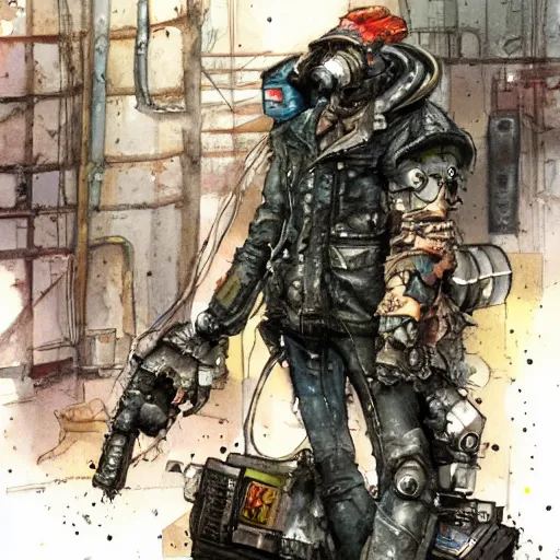 Image similar to watercolor of a cyberpunk mechanic, realistic, detailed, Industrial Scifi, in the style of Ashley Wood and Moebius