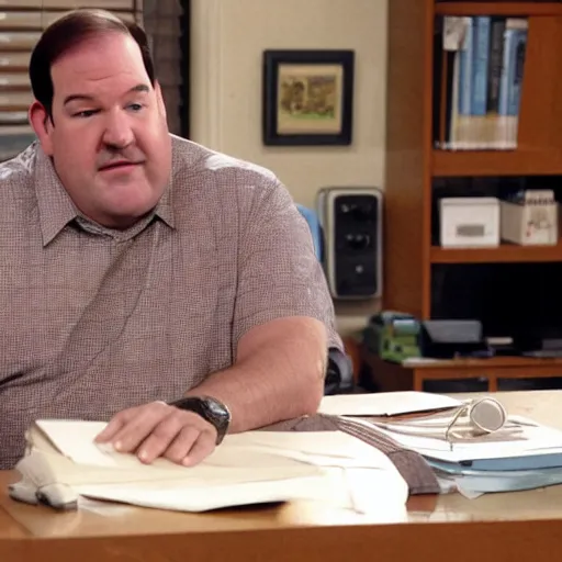 Prompt: Kevin Malone sitting at his desk, a small radio is sitting on top of the desk