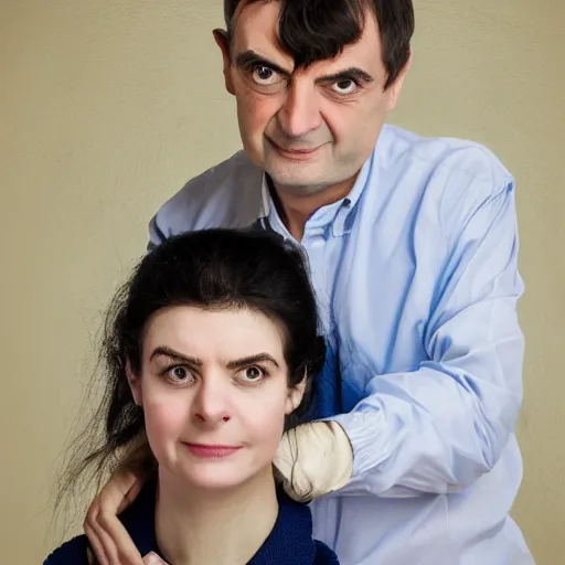 Image similar to A portrait mr bean elizabeth teams up with a teenage mr bean, perfect faces, 50 mm, award winning photography